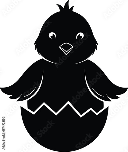 Charming black silhouette of a baby chick emerging from an eggshell