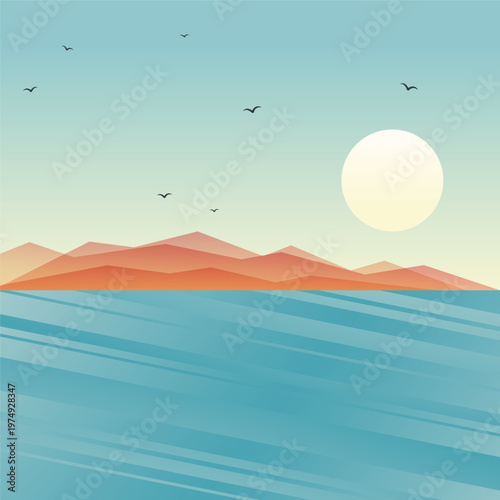 Mountains far away. View from the ocean. Blue sea landscape with silhouette of mountains on the horizon