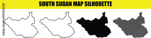 South sudan map silhouette collection in four styles with outline and pixelated patterns for professional designers.