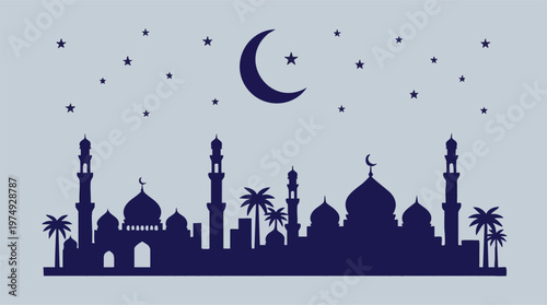 Islamic mosque silhouette with crescent moon and stars at night sky