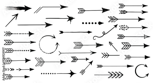 Collection of black arrows diverse styles and directions for graphic design