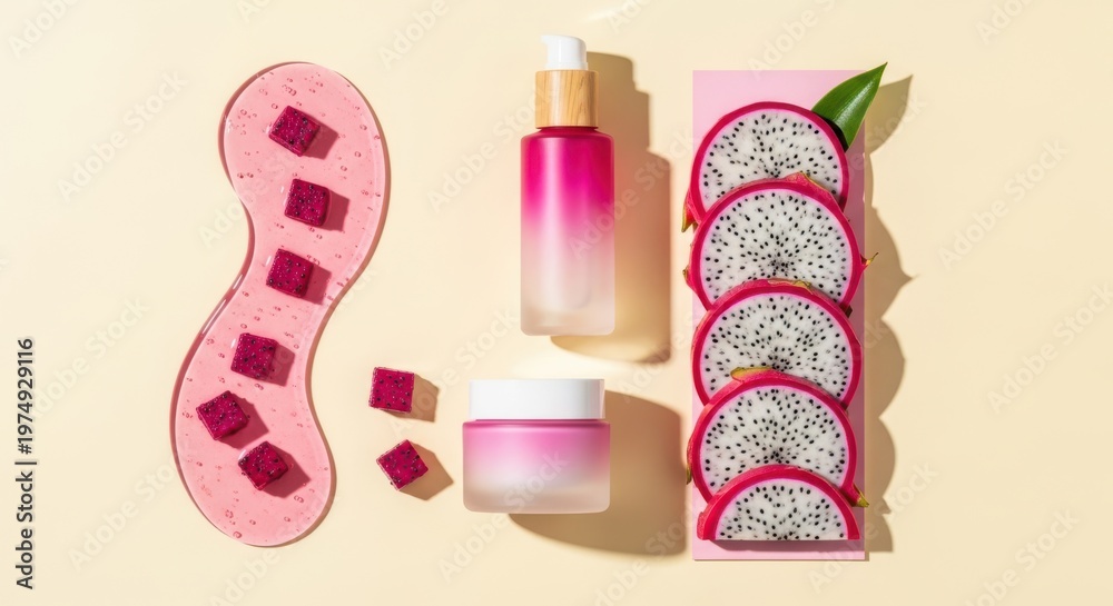 Obraz Cosmetic products with dragon fruit extract, skincare serum and cream jar with fresh pitaya slices on a beige background