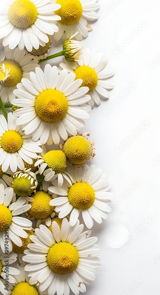 Obraz premium Delicate white chamomile flowers with yellow centers arranged on a clean white background, perfect for natural wellness and beauty themes