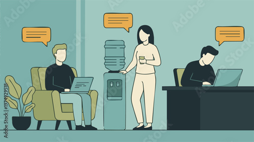 People working, communicating, and taking a break in a modern office