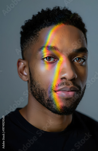 Close-up portrait of a man with a striking rainbow light beam projected across his face. The prismatic colors highlight his eye and cheek, creating a soulful, artistic, and diverse modern aesthetic