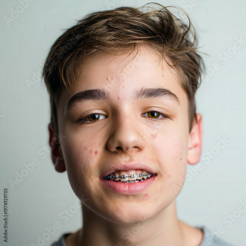 Close-up portrait of a teenage boy with a slight smile, revealing metal dental braces. His face shows natural skin texture and blemishes and acne typical of adolescence