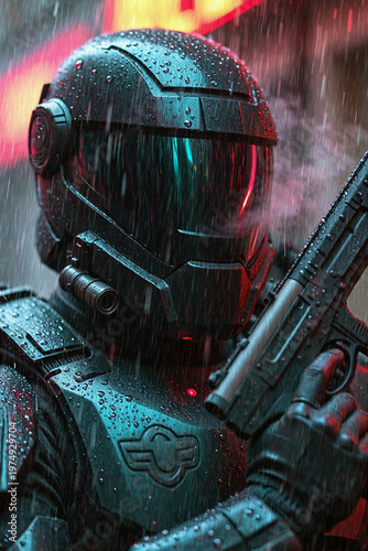 Powerful corporate enforcer striking portrait with a person in sharp black suit standing in heavy rain against a dark, moody background with neon lighting