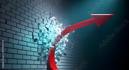 Red arrow breaking through brick wall with blue glow