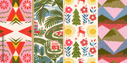 Four vibrant patterned panels featuring geometric shapes florals and whimsical scenes