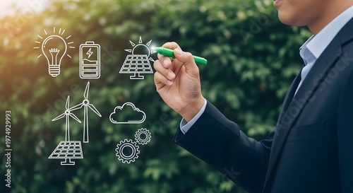 Businessman green energy with pen outdoors suit