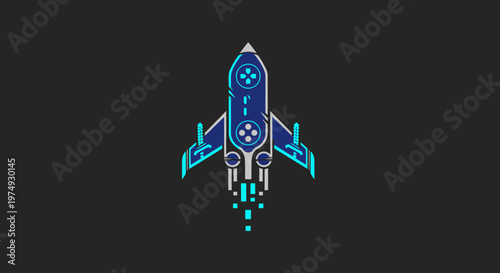 A blue and silver spaceship taking off.