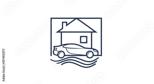 Flooded house and car illustration.