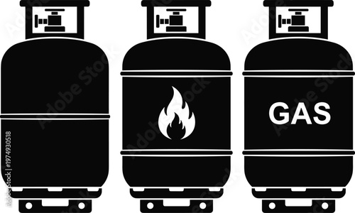 gas cylinder tank vector set, propane LPG container icons with valve flame symbol, fuel storage equipment flat silhouette design