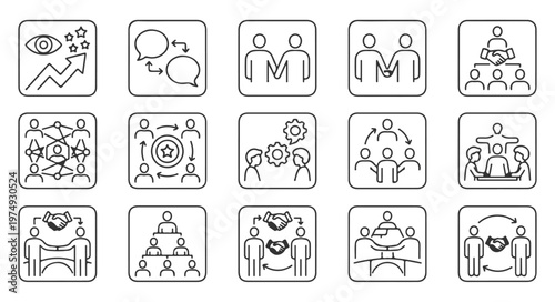 Business Collaboration Line Icon Set For Partnership Teamwork Professional Networking And Corporate Leadership Concepts