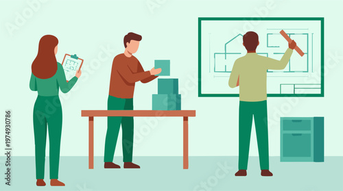 Architects and builders collaborating on a construction project plan