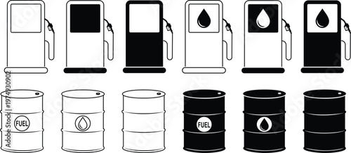 Fuel pump and oil barrel icon set collection group, petrol gasoline diesel energy symbols, dispenser nozzle drum icons, black silhouette line style vector illustration for station industry transport