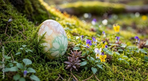 Natural style Easter egg in green and pink with moss and spring elements, seasonal discovery concept