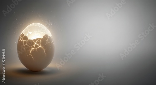 Cracked glowing egg with inner light in dark minimalist style, creation and hope concept with copy space