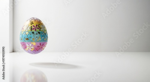 Minimal decorative Easter egg in yellow, turquoise and purple with glossy finish and copy space