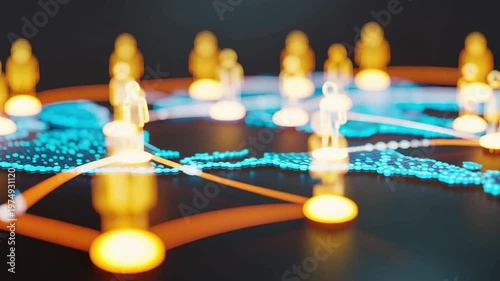 A digital representation of global connectivity with people icons on a map.