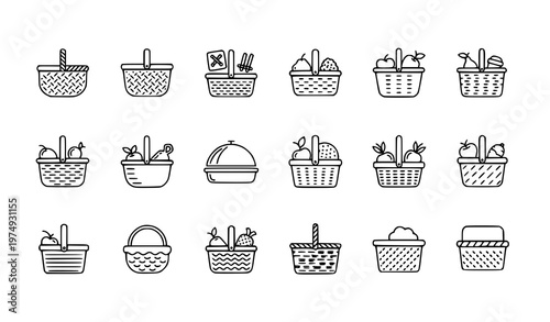 Woven Picnic Basket Line Icons Fruit Basket Outline Vector Set