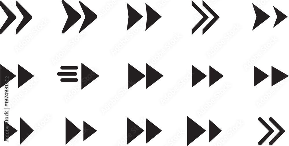 Fototapeta premium Black flat vector arrow set in various directions and styles, right, left, isolated on a white background. 