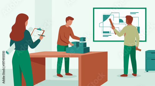 Architects and designers collaborating on a building project and floor plans