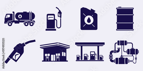 A collection of dark blue icons depicting various aspects of the oil and gas industry