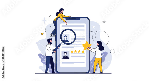 People use a large smartphone and a magnifying glass to review user profiles and give five-star ratings on an app.