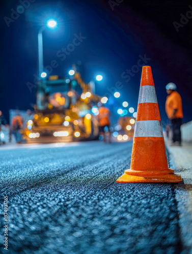Traffic cone placed on newly paved road at night with blurred construction workers and machinery working under bright streetlights for road maintenance safety