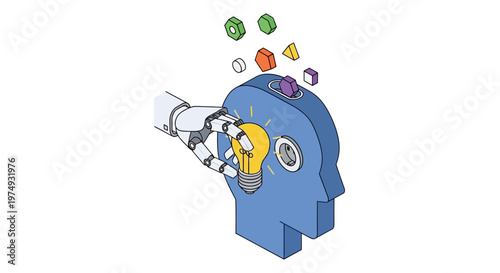 Robotic Hand Placing Light Bulb into Human Head Silhouette, AI and Innovation Concept Isometric Illustration
