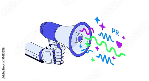 AI Robot Hand Holding Megaphone for Public Relations and Digital Marketing Announcement. Isometric vector illustration of automated communication and futuristic PR.