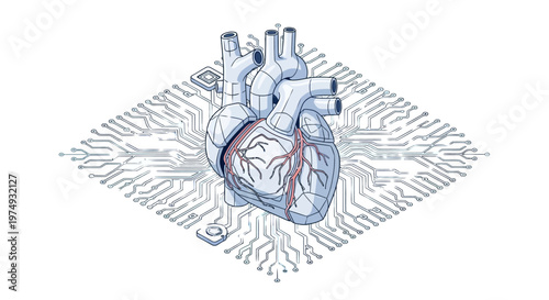 Isometric Robotic Heart on Electronic Circuit Board Pattern - Digital Cardiology and Artificial Intelligence Healthcare Concept Illustration
