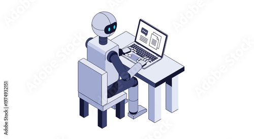 Isometric Artificial Intelligence Robot Working on Laptop - AI Writing and Content Generation Concept Illustration