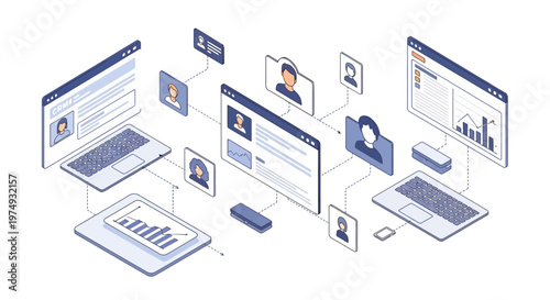 Isometric CRM System Concept with Digital Marketing Interface, Customer Data Networking, and Business Analytics Dashboard on Laptop and Tablet