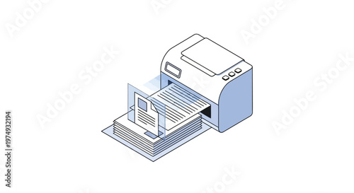 Isometric Office Printer with Stack of Printed Documents Illustration