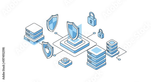 Data Security and Cloud Computing Isometric Illustration with Server Stacks, Protective Shields, and Padlocks for Cybersecurity and Network Protection Concepts