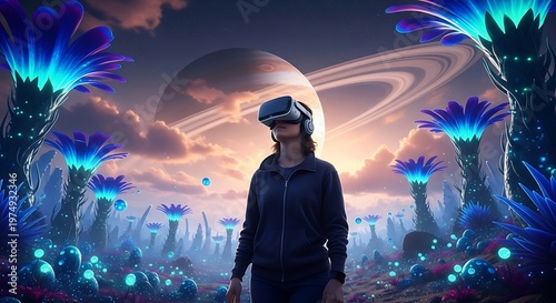 Woman wearing VR headset exploring glowing alien planet with Saturn rings