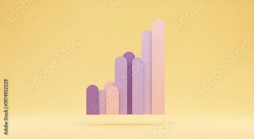 Abstract pastel colored three dimensional bar graph illustration demonstrating upward trend and conceptual growth against a soft yellow background in minimalist style.