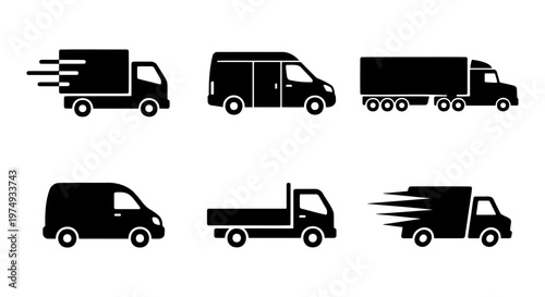 Delivery truck icons, commercial transport van set, 6 shipping vehicle vectors