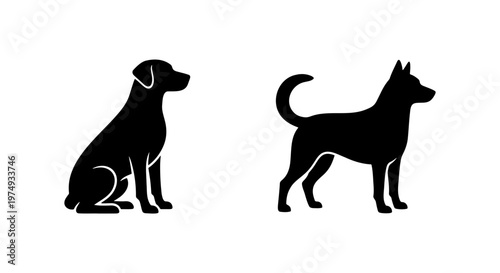 Minimalist dog silhouettes, black canine icons, pet profile vector set