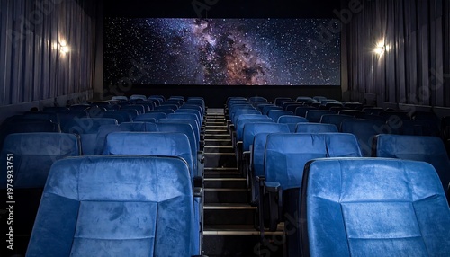Rows of empty blue plush seating in a dim theatre space facing a large screen showing a galaxy image
