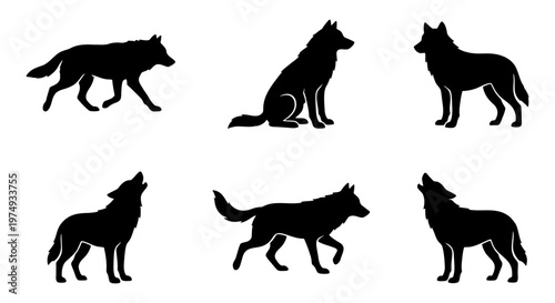Wolf silhouette set, 6 wild animal vector icons, howling and walking wolves