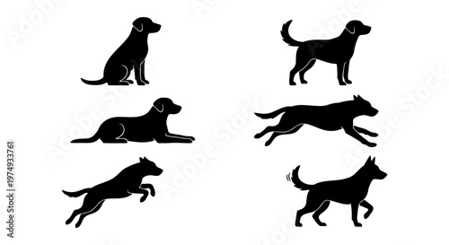 Black dog silhouette set, labrador retriever poses, 6 canine vector icons