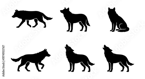 Bild auf Leinwand Wolf silhouette collection, 6 wild animal vector icons, howling wolf set