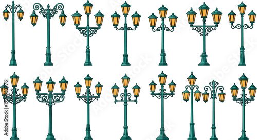 Decorative street lamp collection with multiple vintage lamp post designs, classic urban lighting vector set for city and park environments