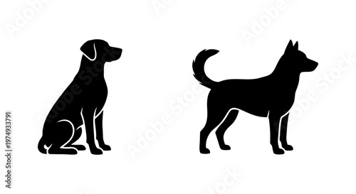Black dog silhouettes, sitting and standing canine icons, pet vector set