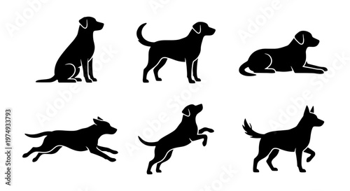 Black dog silhouettes, set of 6 labrador vector icons, canine pet poses