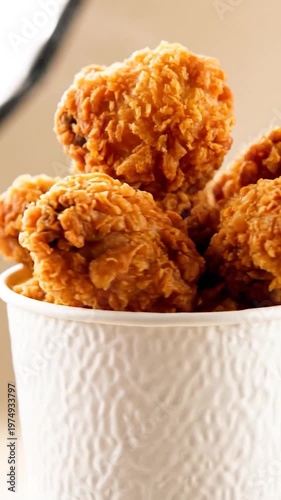 A white paper bucket filled with crispy golden fried chicken pieces on a light background