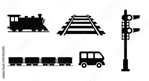 Black silhouettes of a train rail tracks signal and vehicles silhouette